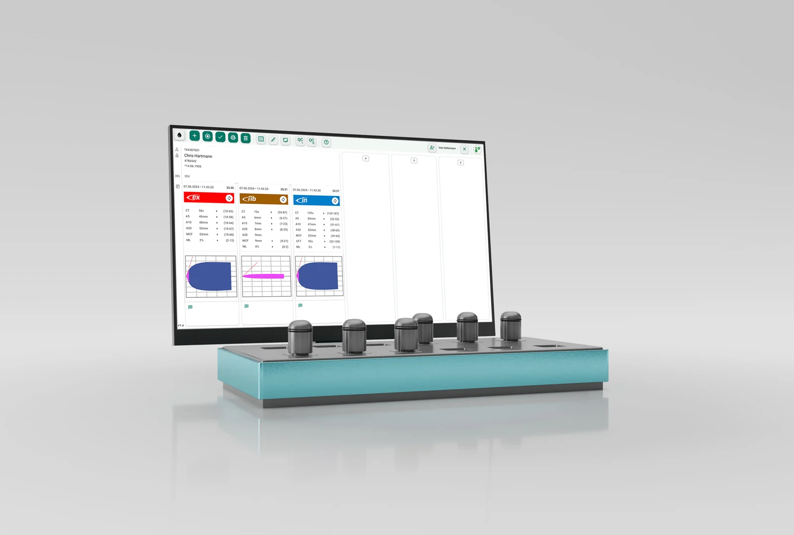 Produktvisualisierung von MultiClot mit sechs Messpositionen und zugehöriger Softwareoberfläche