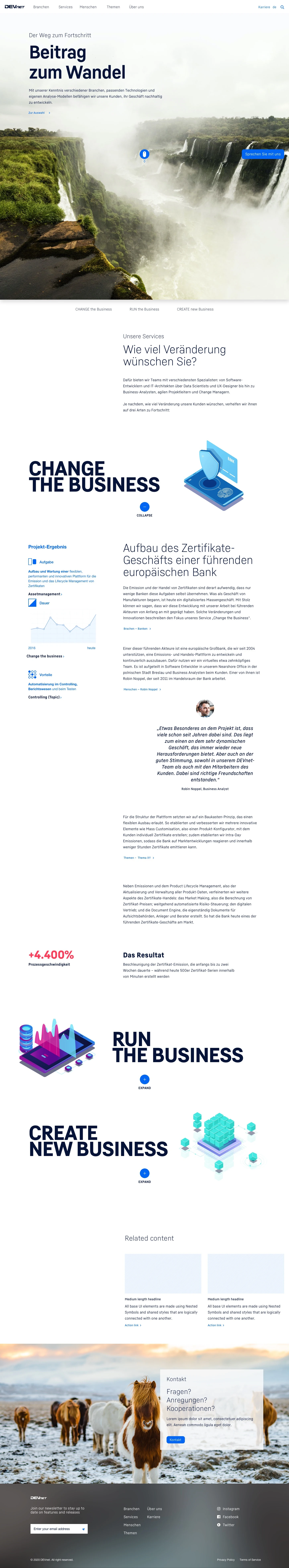 DEVnet-Service-Seitenentwurf mit drei Leistungsbereichen und geöffnetem Detailabschnitt