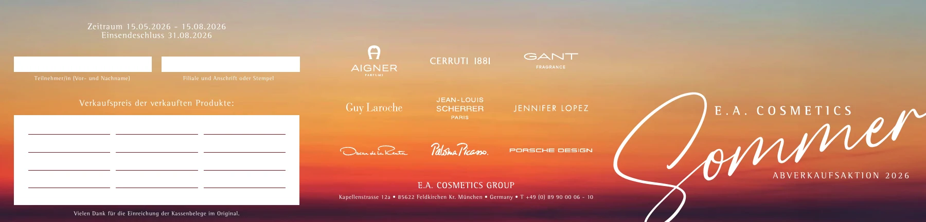Außenseite der E.-A.-Cosmetics-Aktionskarte Sommer 2026 mit Sonnenuntergang, Markenlogos und Teilnahmebereich