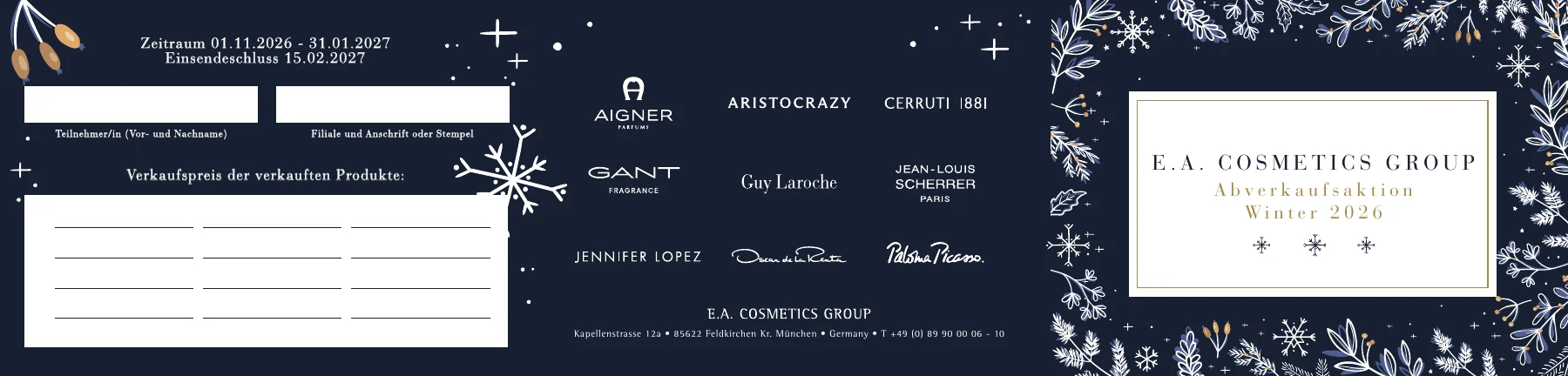 Außenseite der Winter-Aktionskarte 2026 mit dunklem Hintergrund, goldweißen Ornamenten und Markenlogos