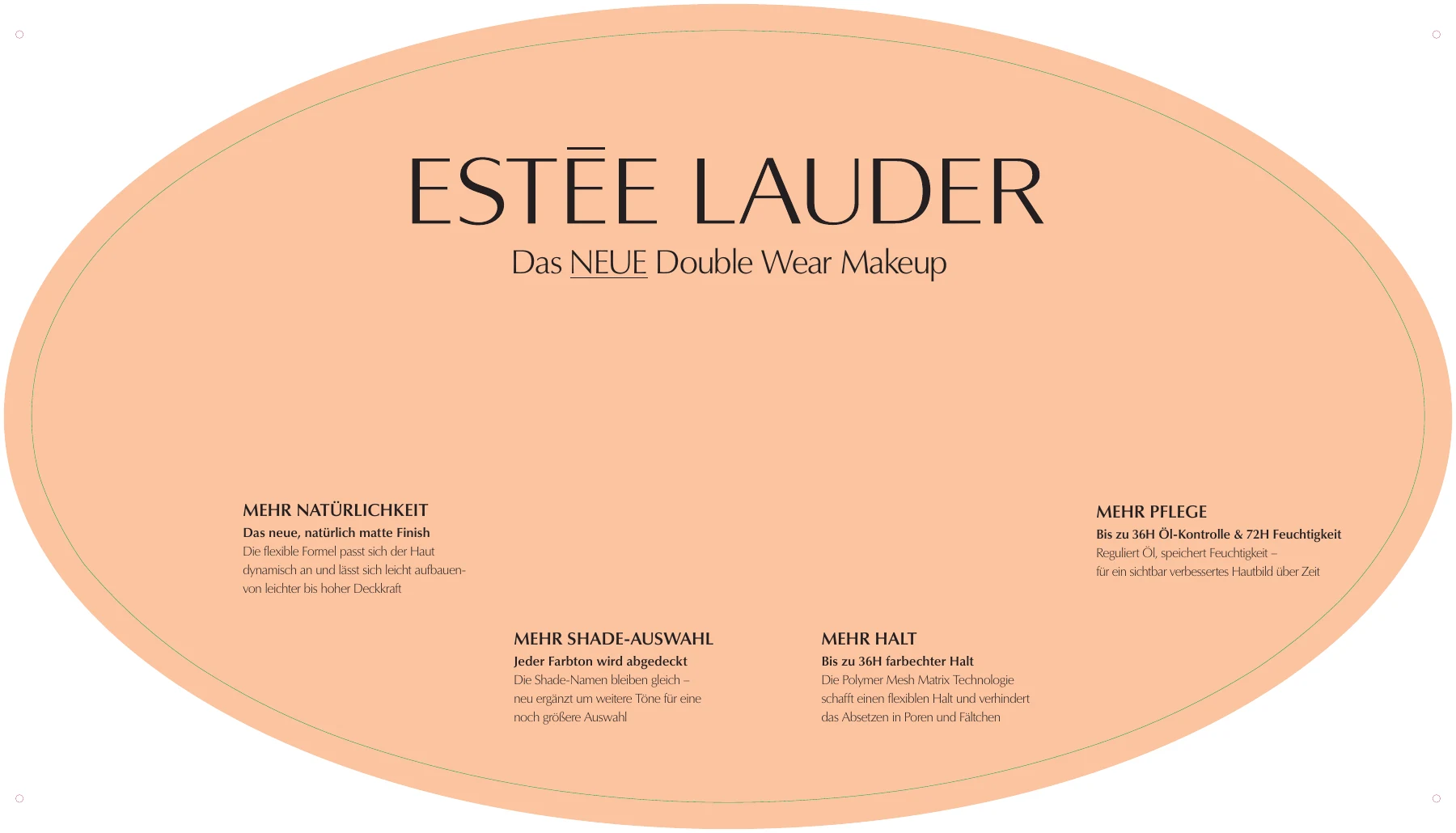 Ovales Layout der Beratungstisch-Oberseite mit Markenlogo und erklärenden Produkttexten