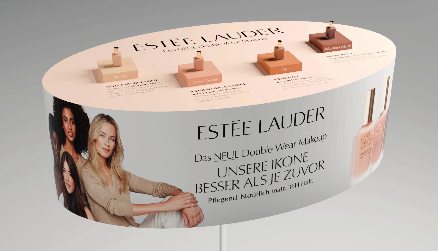 Räumliche Visualisierung des Estée-Lauder-Double-Wear-Beratungstischs mit Produkten auf der ovalen Tischfläche