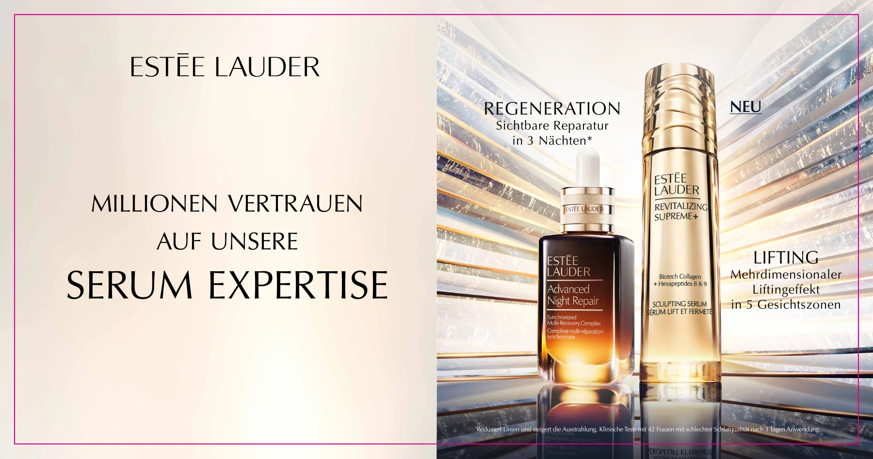 Estée-Lauder-Lightbox im Querformat mit Revitalizing Supreme+ Serum und Advanced Night Repair