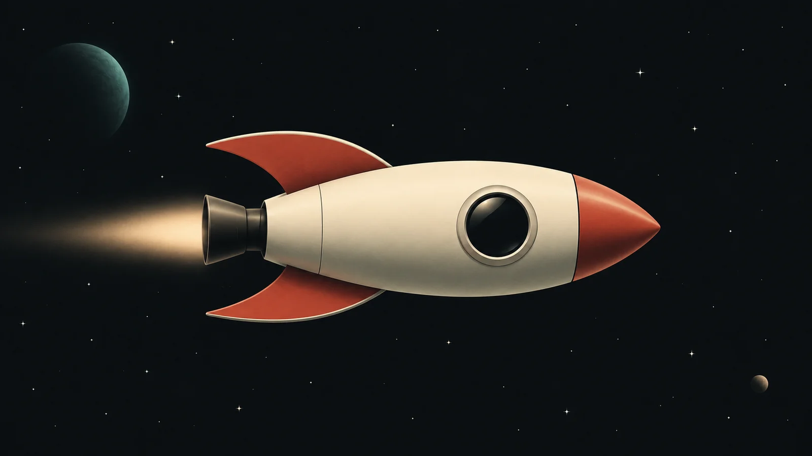 Illustrative Medienachse-Rakete mit cremefarbenem Rumpf und roten Flossen im dunklen Weltraum