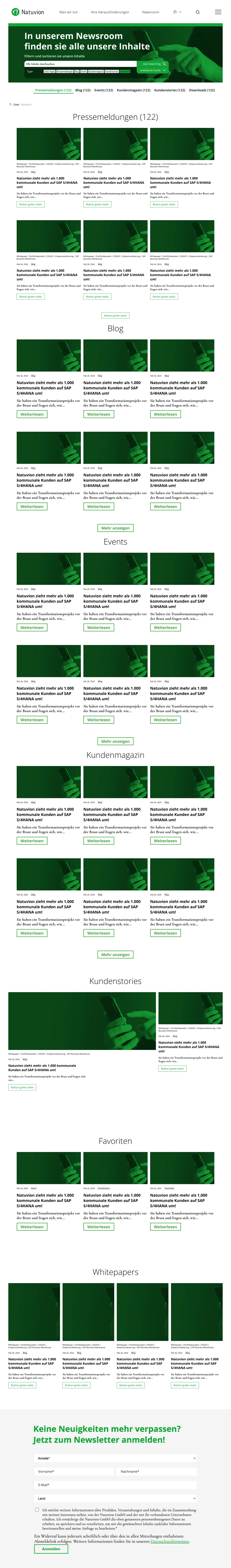 Desktop-Entwurf des Natuvion-Newsrooms mit Suche, Kategorien und Inhaltskarten