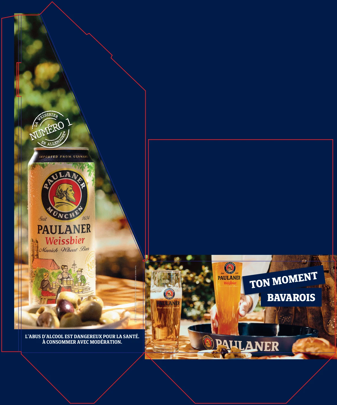 Paulaner-Dosen-Display als Flachlayout mit roter Stanzkontur, Produktmotiv und französischen Texten