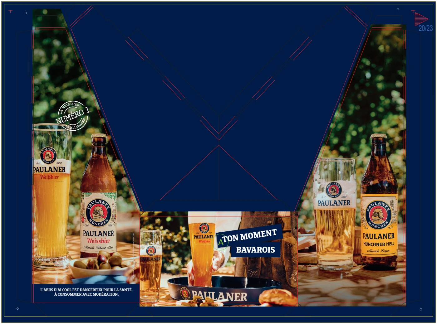 Flachlayout eines Paulaner-Flaschen-Displays mit gestalteten Front- und Seitenflächen sowie Schnitt- und Falzlinien