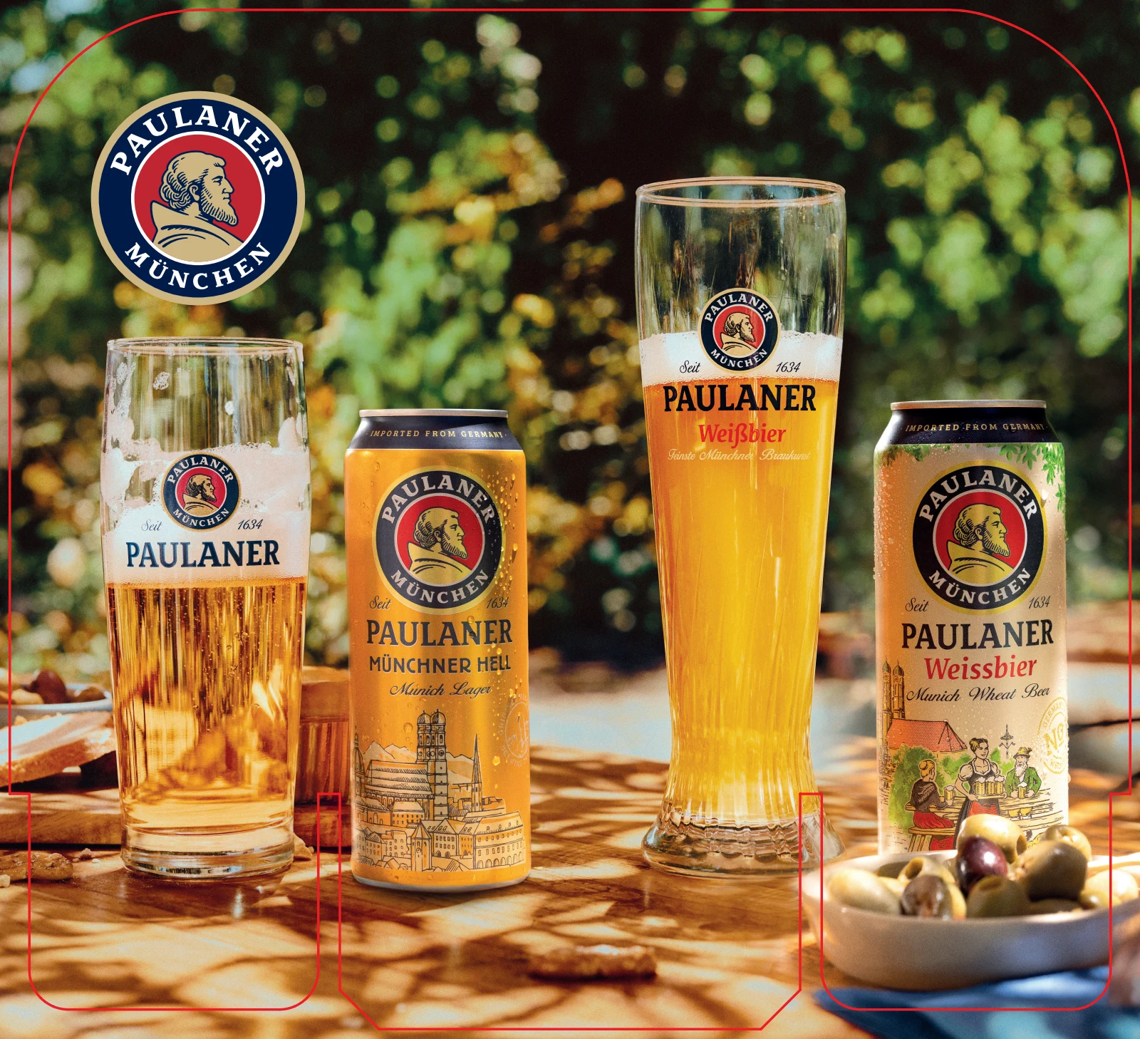 Paulaner-Topcard mit Biergläsern, Dosen und sichtbarer roter Stanzkontur